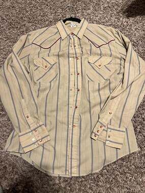 Vintage Chisholm Trail Tan Striped Western Pearl Snap Shirt 15.5-34